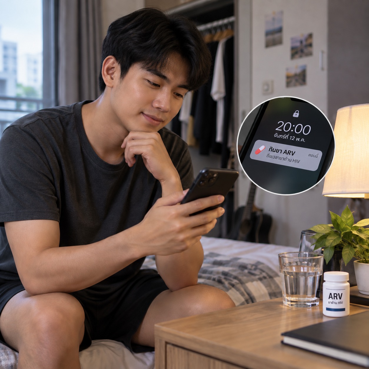 ภาพชายกำลังตั้งเตือนกินยาต้าน HIV ในมือถือ พร้อมขวดยา ARV และการแจ้งเตือนที่ตั้งค่าให้เป็นส่วนตัว เพื่อลดโอกาสเปิดเผยสถานะโดยไม่ตั้งใจ