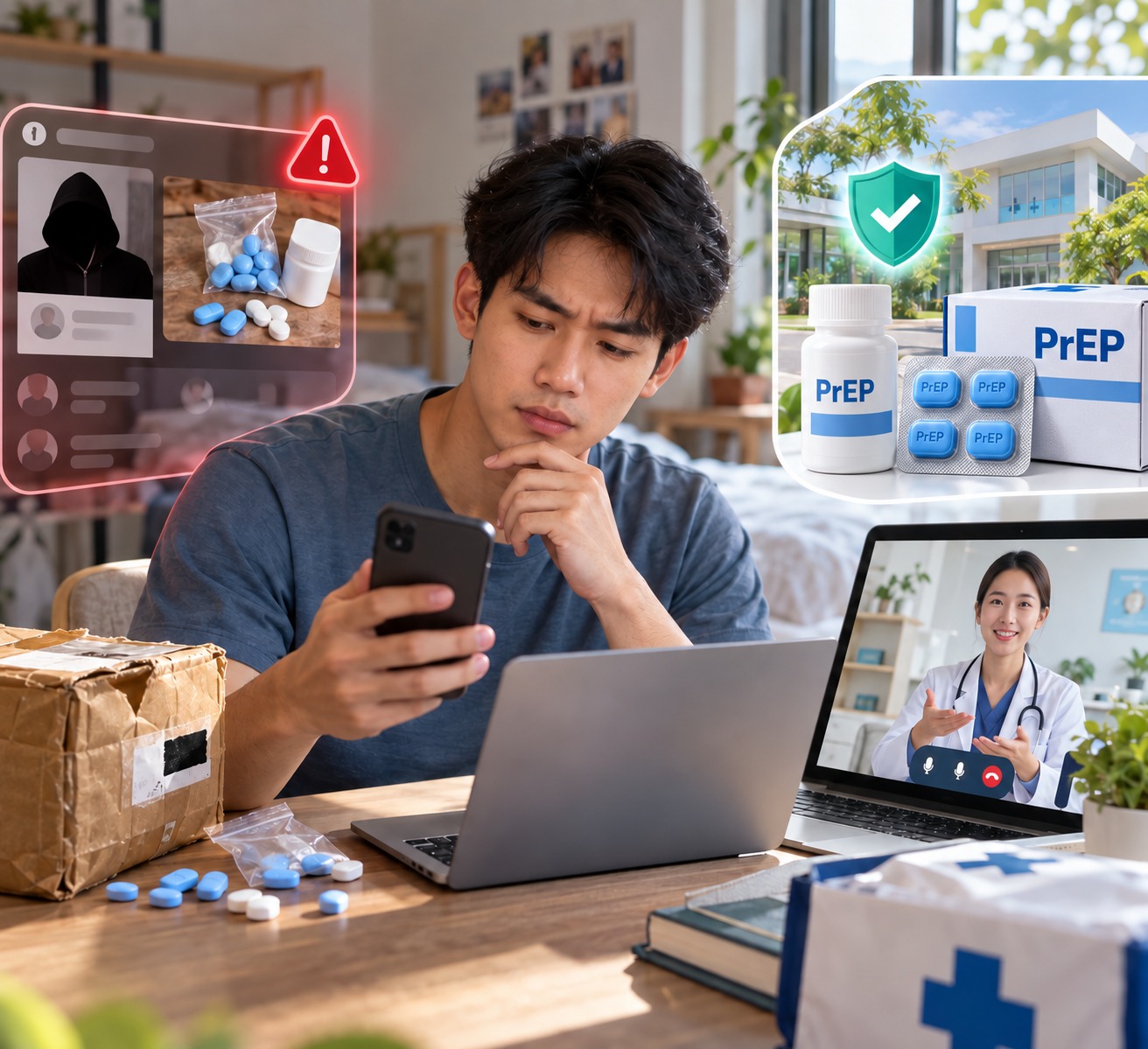 ภาพชายคนหนึ่งกำลังดูข้อมูลยา PrEP บนโทรศัพท์และคอมพิวเตอร์ โดยมีภาพเปรียบเทียบระหว่างแหล่งซื้อออนไลน์ที่น่าสงสัยกับบริการจากคลินิกหรือหน่วยบริการที่มีบุคลากรแพทย์ดูแล