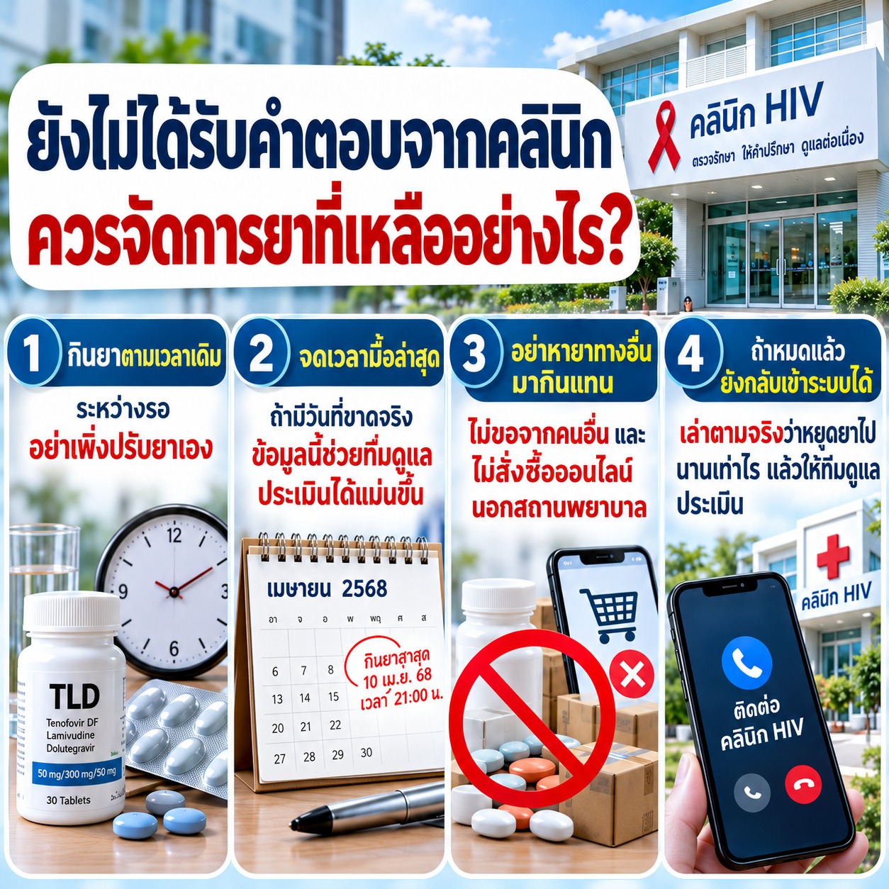 ภาพแนะนำให้กินยาที่เหลือตามเวลาเดิม จดเวลามื้อสุดท้าย และไม่หายาจากแหล่งอื่นมากินแทน หากยาหมดควรติดต่อคลินิกและแจ้งตามจริง
