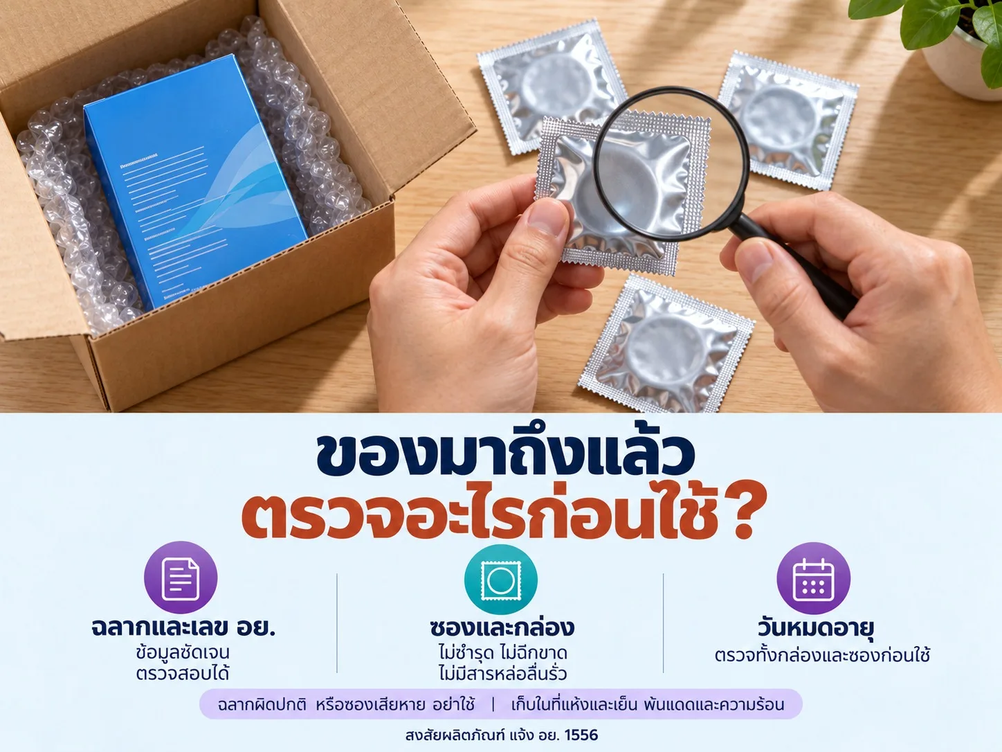 ภาพมือใช้แว่นขยายตรวจซองถุงยางหลังเปิดพัสดุ พร้อมข้อความให้ตรวจฉลาก สภาพซอง วันหมดอายุ และเก็บให้พ้นแดดกับความร้อน